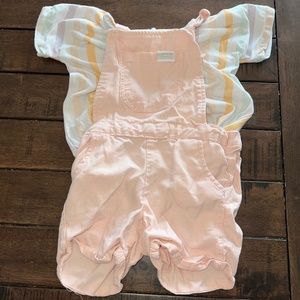 7 For All Mankind Pink Overalls and Striped Shirt Set